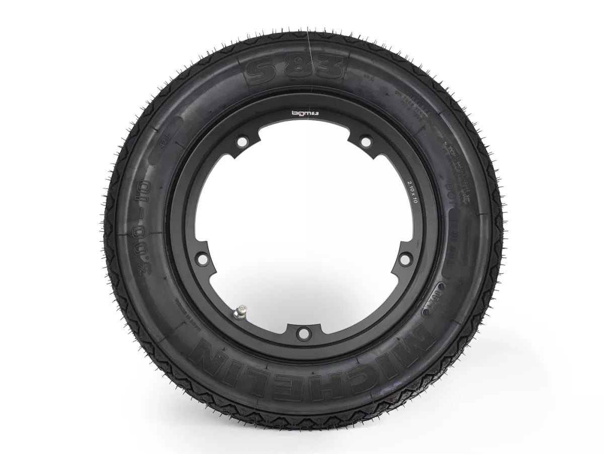 Michelin S83 Wheel Assembly 3.00-10 42J – BGM PRO Tubeless Rim Black Vespa V50 PK ET3
